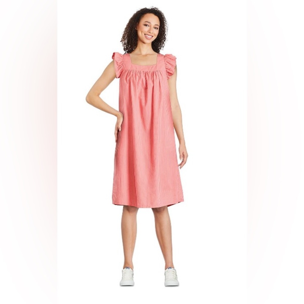 NWTS George Ruffle Sleeve Coral Midi Dress 100% Cotton Comfy Dress with pockets